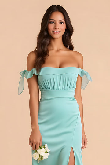 Off The Shoulder Mint Green Sheath Bridesmaid Dress With Slit